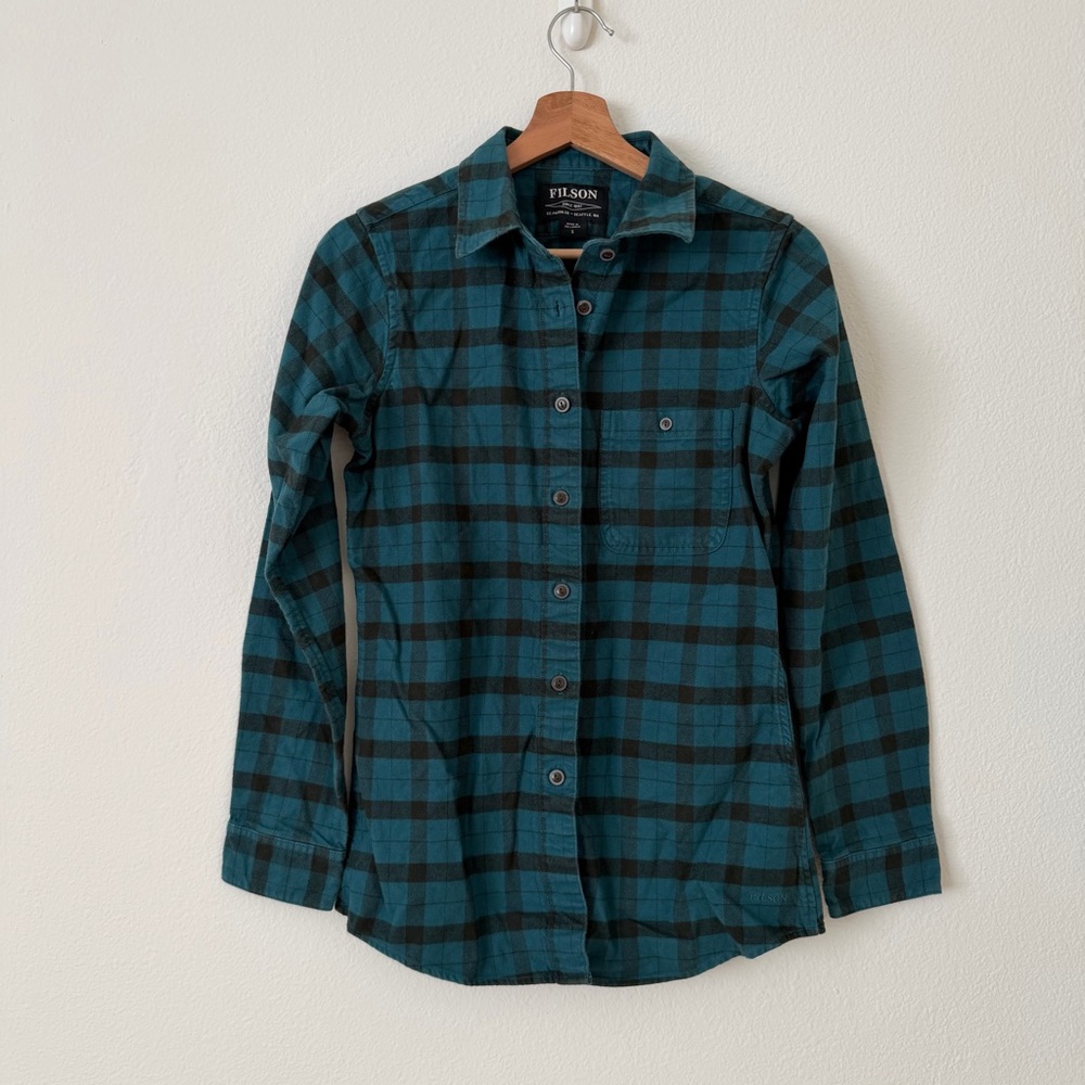 Filson Alaskan Guide Flannel Button Down Shirt Green Checkered Size Small Campin